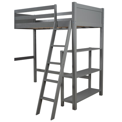 Twin size Loft Bed with Storage Shelves and Ladder-Gray