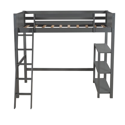 Twin size Loft Bed with Storage Shelves and Ladder-Gray