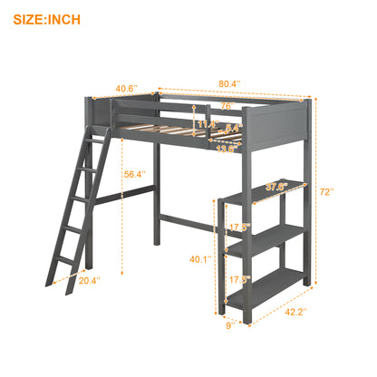 Twin size Loft Bed with Storage Shelves and Ladder-Gray