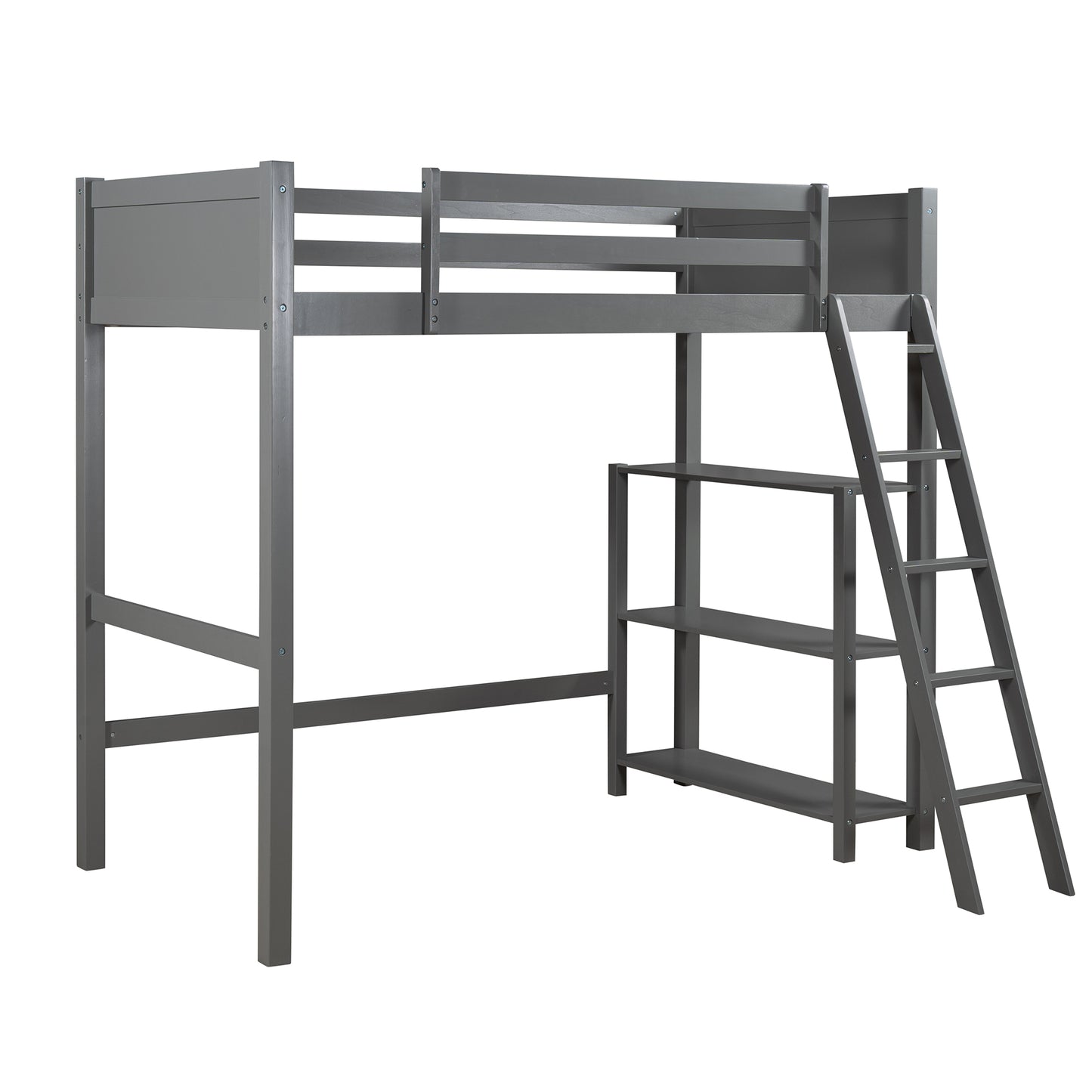 Twin size Loft Bed with Storage Shelves and Ladder-Gray