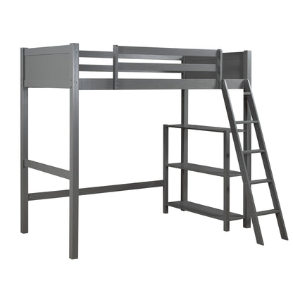 Twin size Loft Bed with Storage Shelves and Ladder-Gray