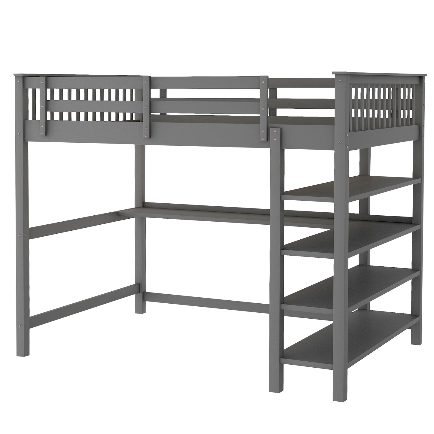Rubber Wooden Full Size Loft Bed with Storage Shelves and Under-bed Desk, Gray