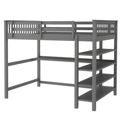 Rubber Wooden Full Size Loft Bed with Storage Shelves and Under-bed Desk, Gray
