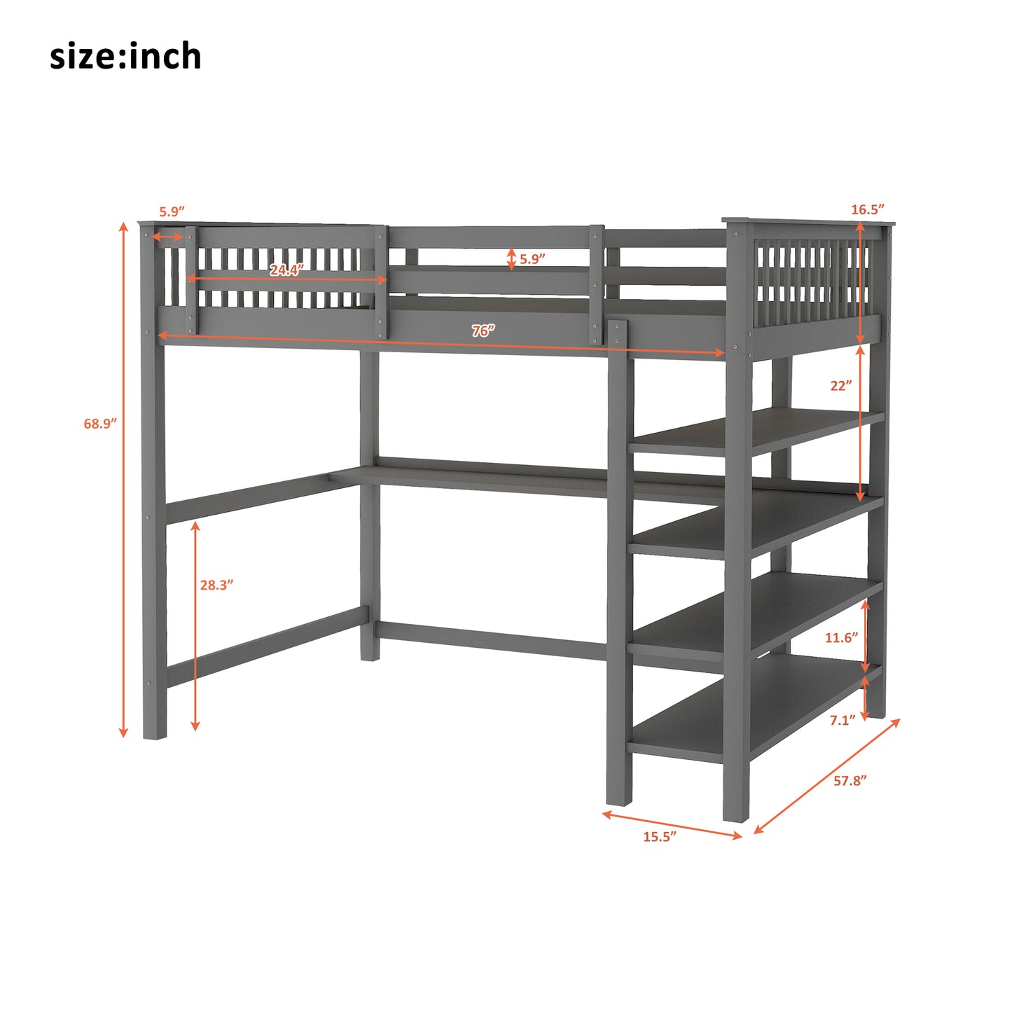 Rubber Wooden Full Size Loft Bed with Storage Shelves and Under-bed Desk, Gray