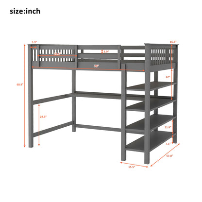 Rubber Wooden Full Size Loft Bed with Storage Shelves and Under-bed Desk, Gray