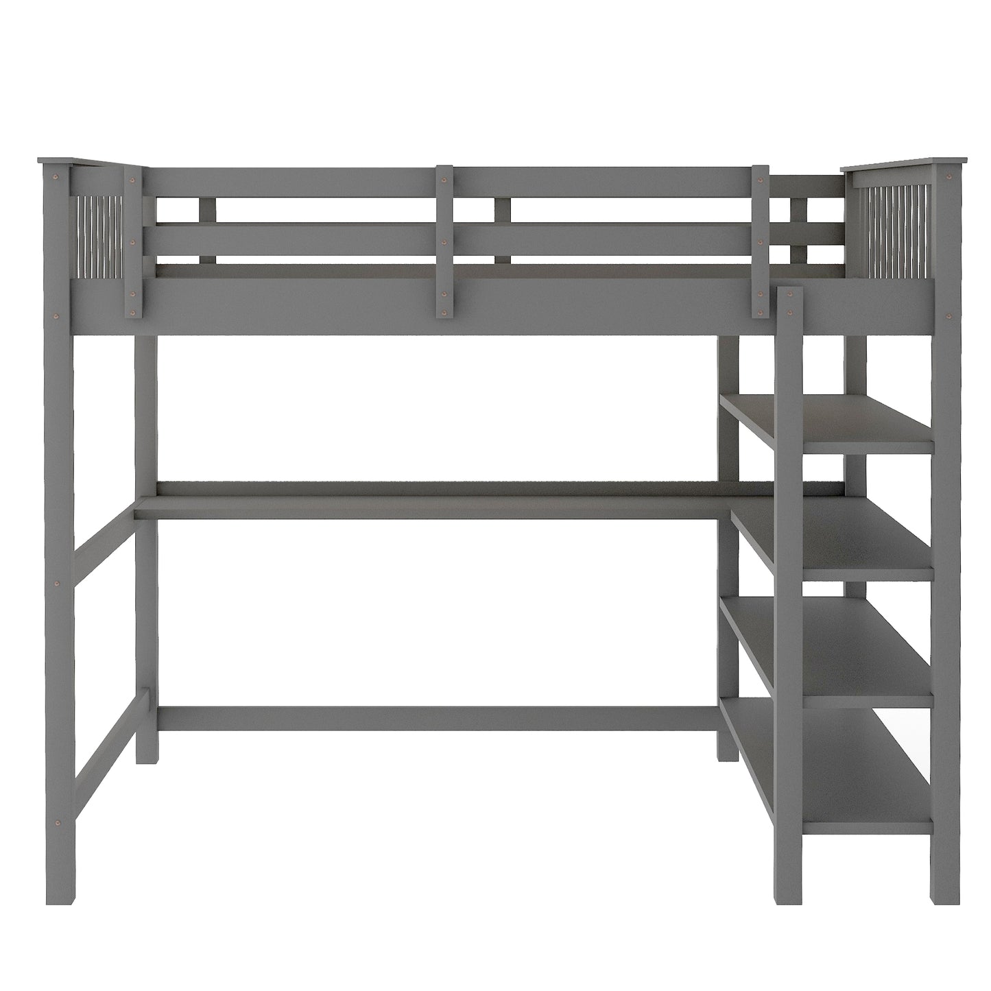 Rubber Wooden Full Size Loft Bed with Storage Shelves and Under-bed Desk, Gray