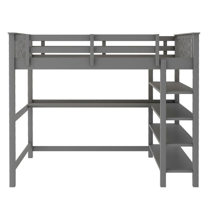 Rubber Wooden Full Size Loft Bed with Storage Shelves and Under-bed Desk, Gray