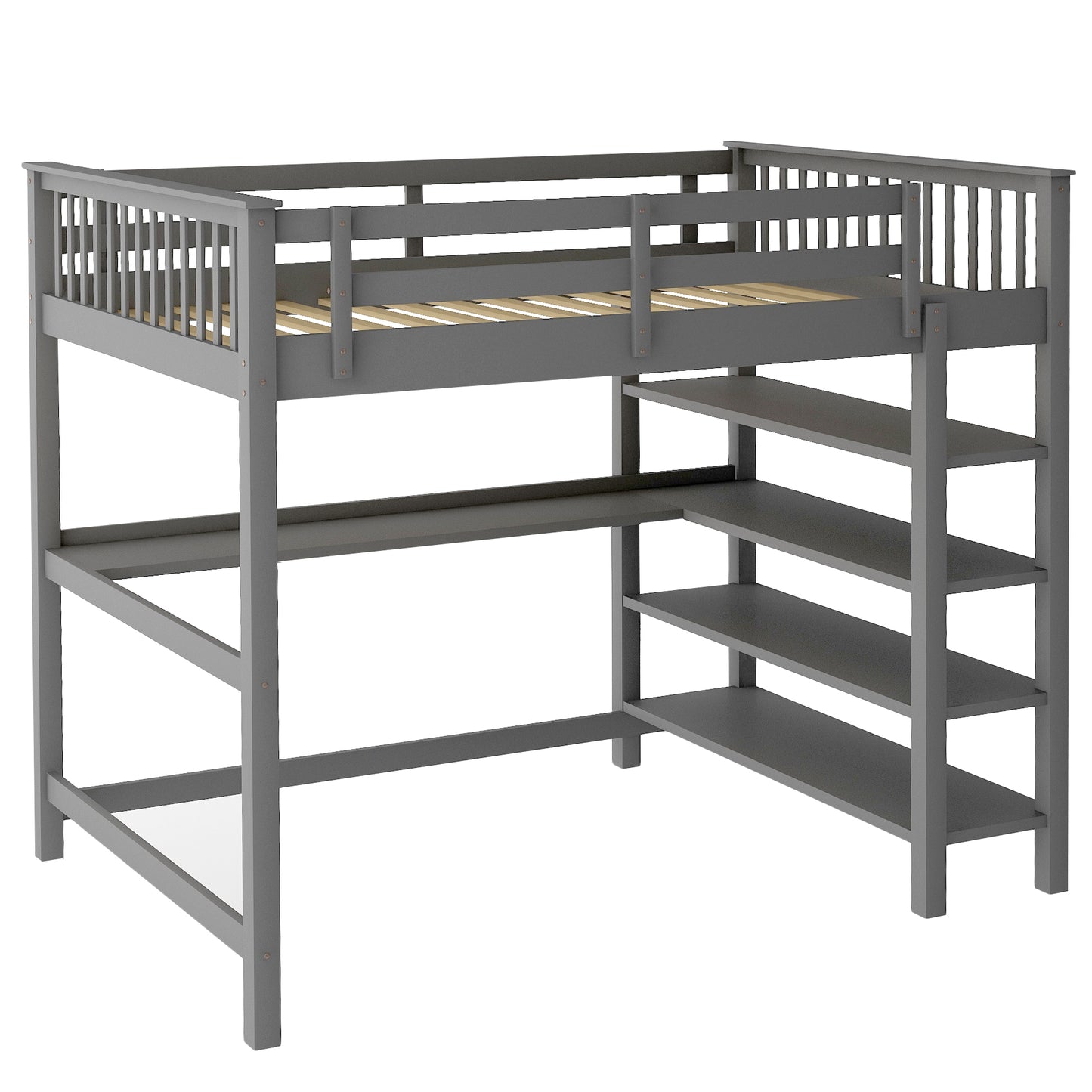 Rubber Wooden Full Size Loft Bed with Storage Shelves and Under-bed Desk, Gray