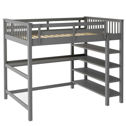 Rubber Wooden Full Size Loft Bed with Storage Shelves and Under-bed Desk, Gray
