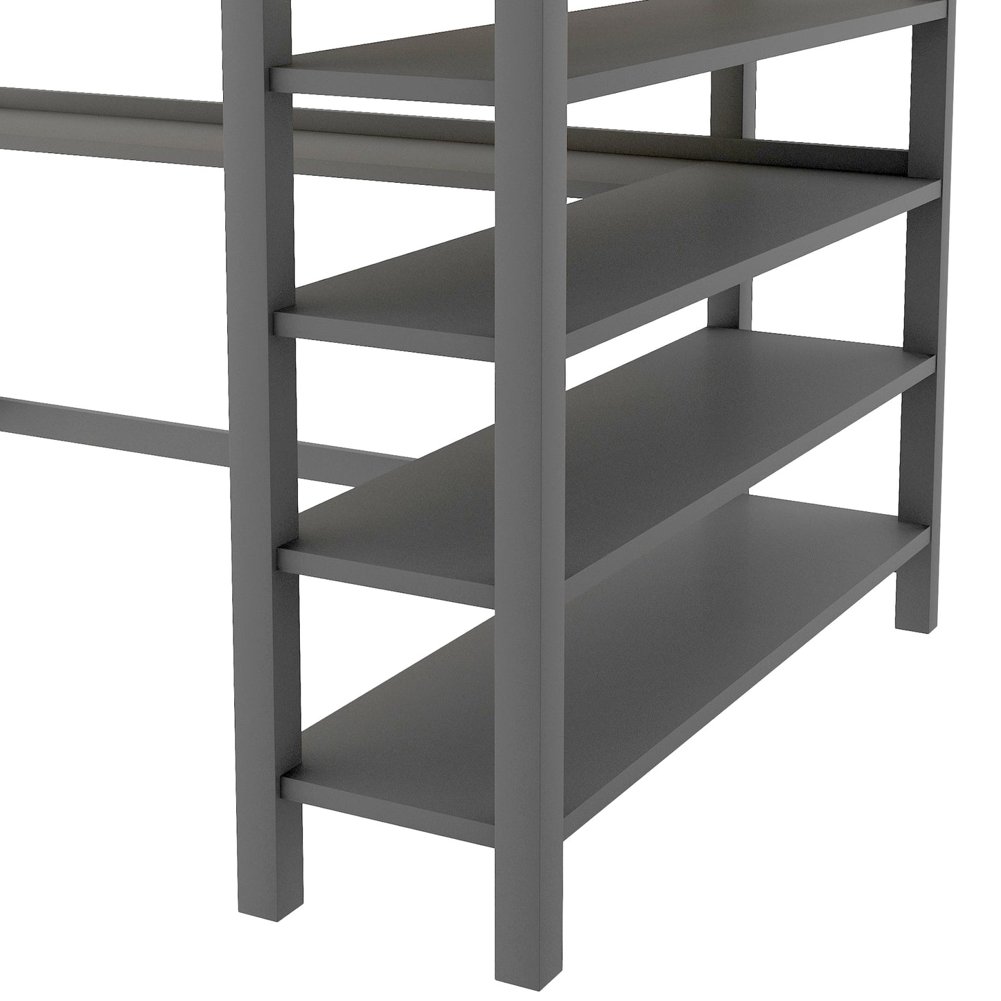 Rubber Wooden Full Size Loft Bed with Storage Shelves and Under-bed Desk, Gray