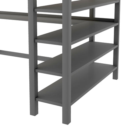 Rubber Wooden Full Size Loft Bed with Storage Shelves and Under-bed Desk, Gray