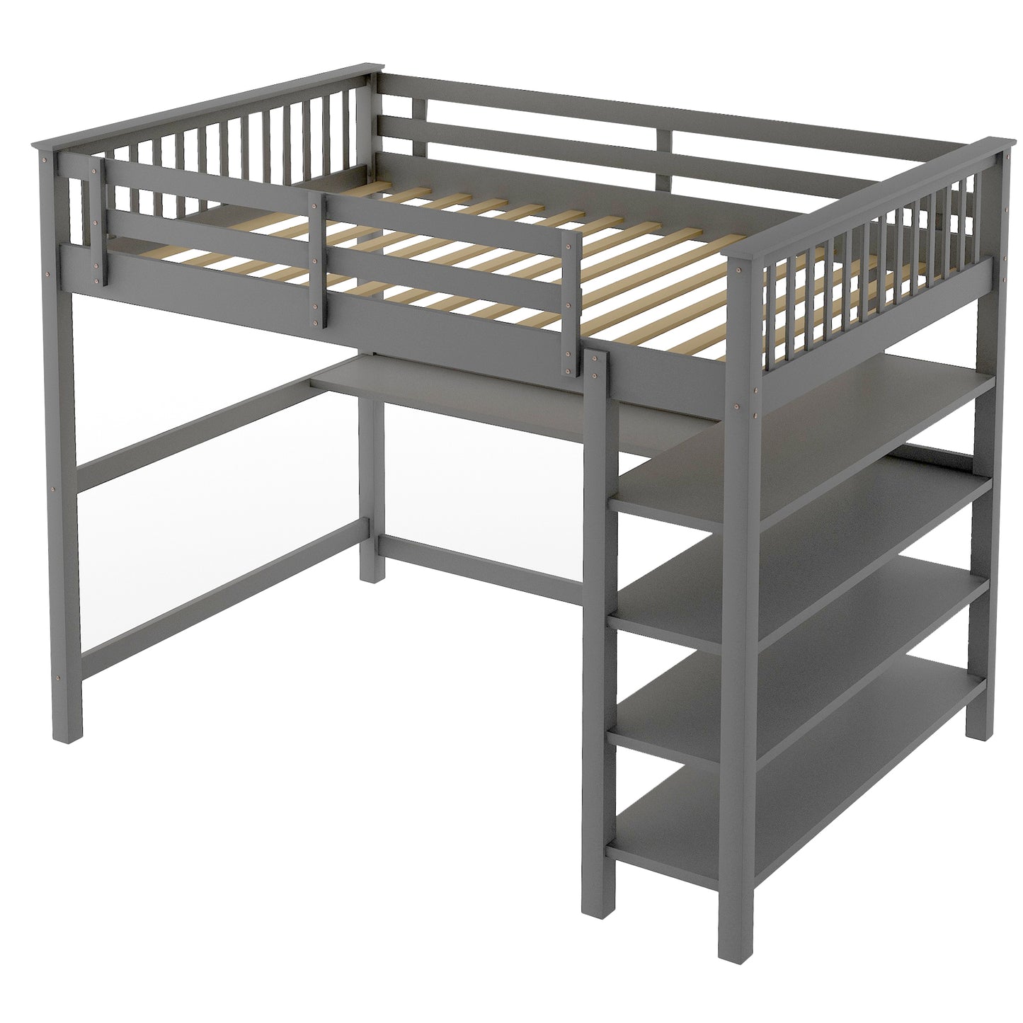 Rubber Wooden Full Size Loft Bed with Storage Shelves and Under-bed Desk, Gray