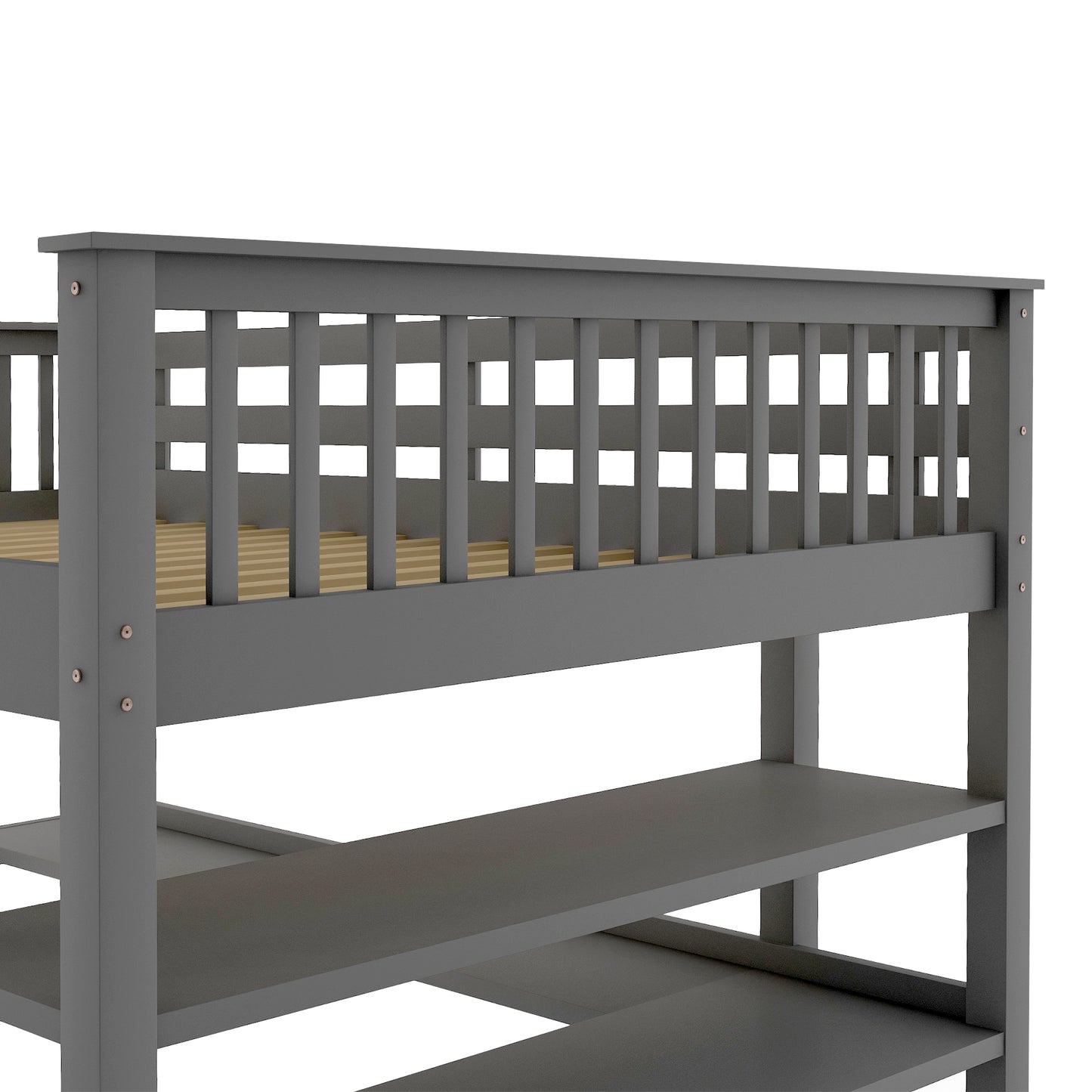 Rubber Wooden Full Size Loft Bed with Storage Shelves and Under-bed Desk, Gray