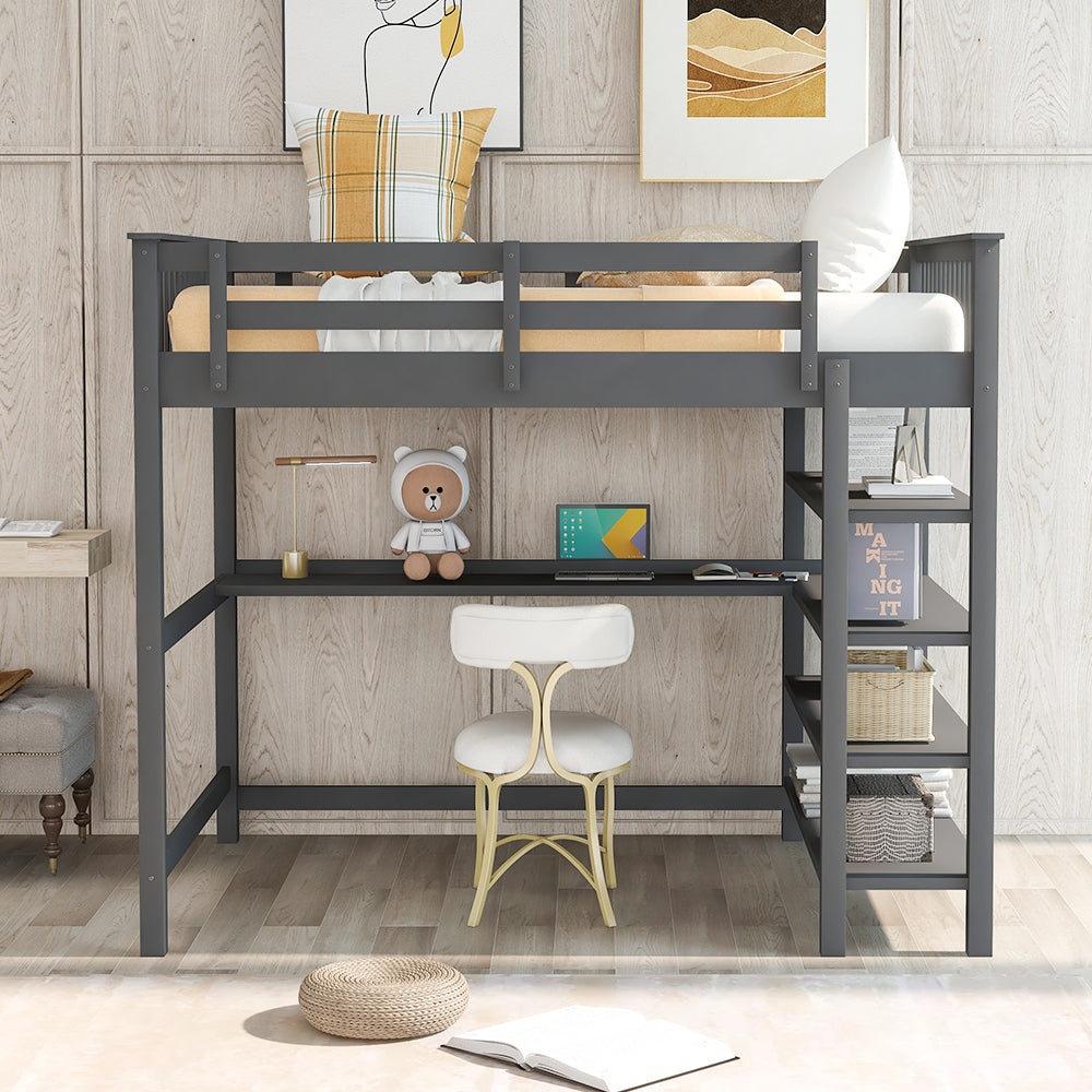 Rubber Wooden Full Size Loft Bed with Storage Shelves and Under-bed Desk, Gray