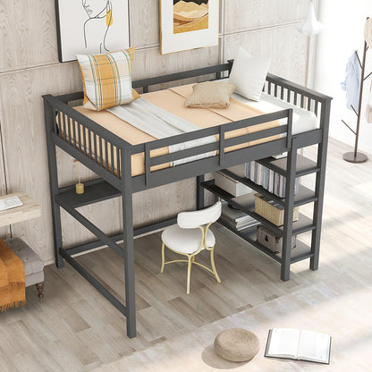 Rubber Wooden Full Size Loft Bed with Storage Shelves and Under-bed Desk, Gray