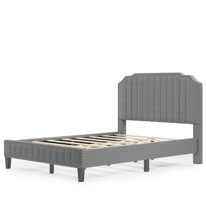 Modern Linen Curved Upholstered Platform Bed , Solid Wood Frame , Nailhead Trim (Full)
