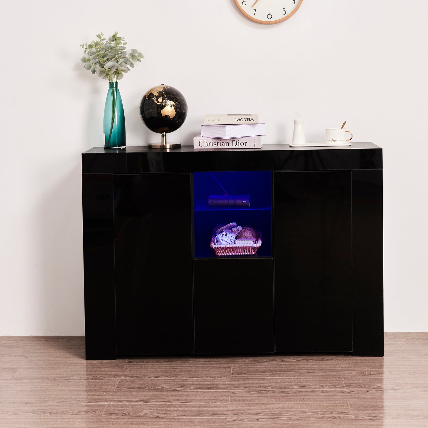 Kitchen Sideboard Cupboard with LED Light, Black High Gloss Dining Room Buffet Storage Cabinet Hallway Living Room TV Stand Unit Display Cabinet with Drawer and 2 Doors