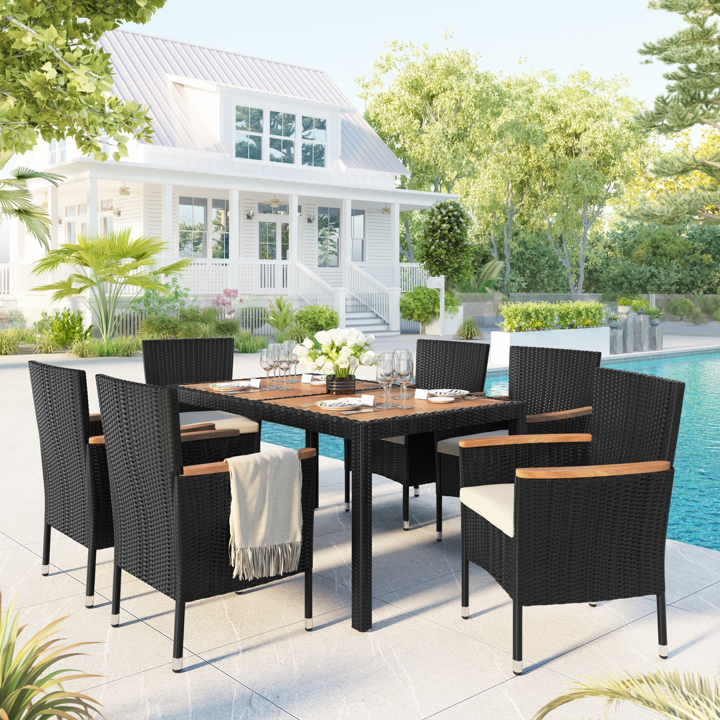 7-Piece Outdoor Patio Dining Set, Garden PE Rattan Wicker Dining Table and Chairs Set, Acacia Wood Tabletop, Stackable Armrest Chairs with Cushions (Brown)