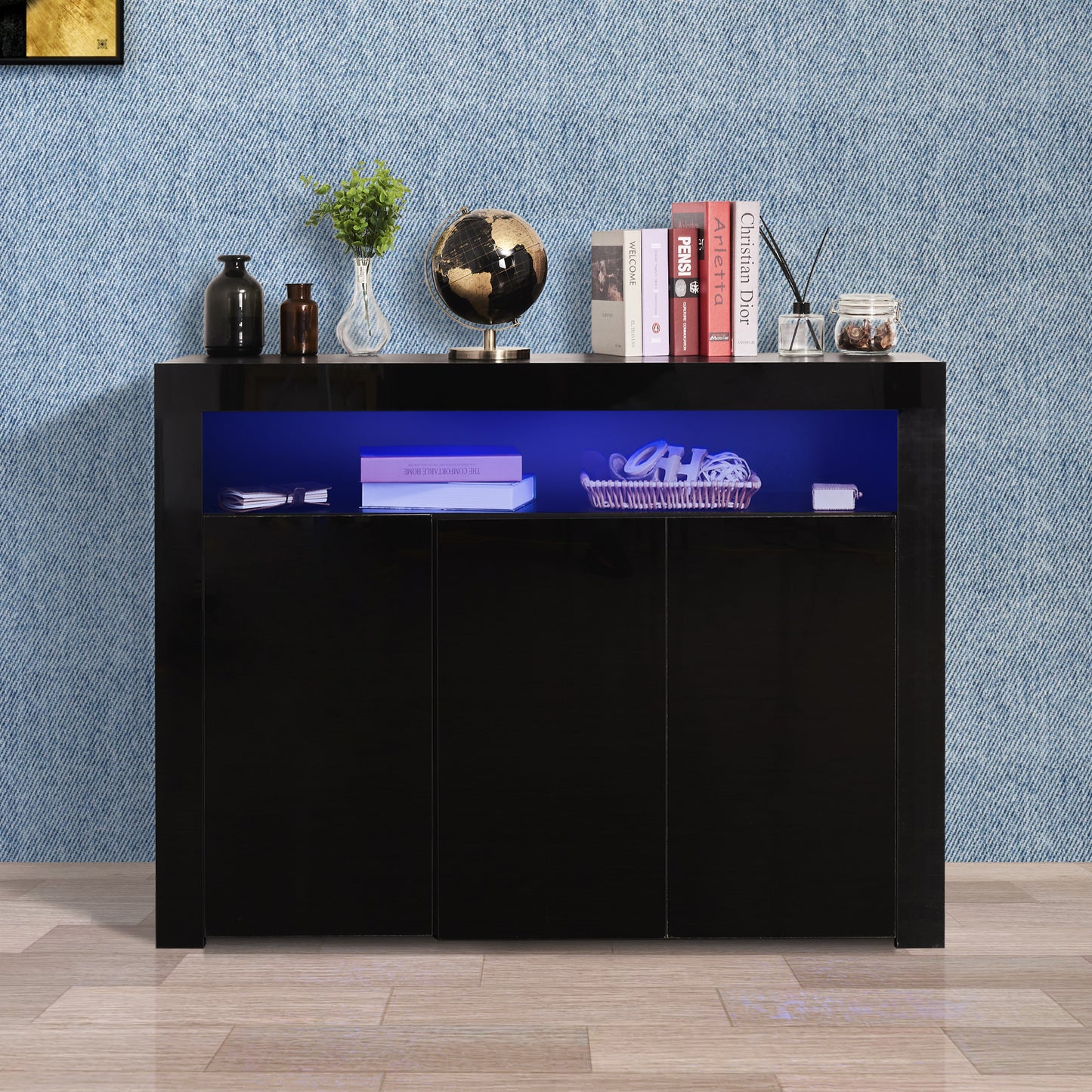 Living Room Sideboard Storage Cabinet Black High Gloss with LED Light, Modern Kitchen Unit Cupboard Buffet Wooden Storage Display Cabinet TV Stand with 3 Doors for Hallway Dining Room