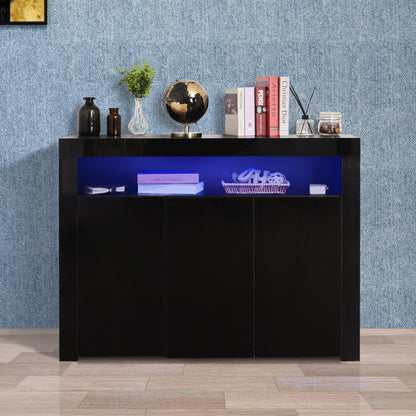 Living Room Sideboard Storage Cabinet Black High Gloss with LED Light, Modern Kitchen Unit Cupboard Buffet Wooden Storage Display Cabinet TV Stand with 3 Doors for Hallway Dining Room