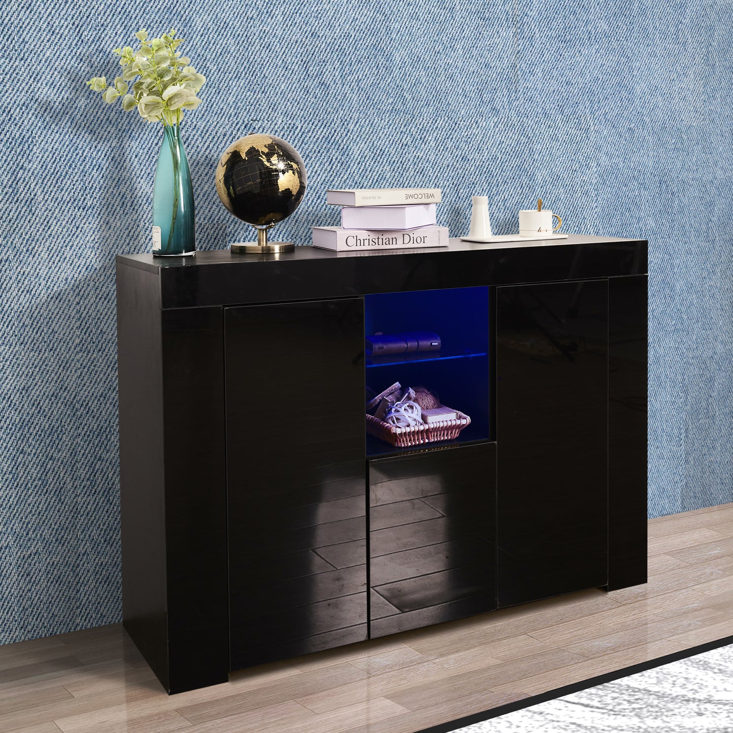 Kitchen Sideboard Cupboard with LED Light, Black High Gloss Dining Room Buffet Storage Cabinet Hallway Living Room TV Stand Unit Display Cabinet with Drawer and 2 Doors