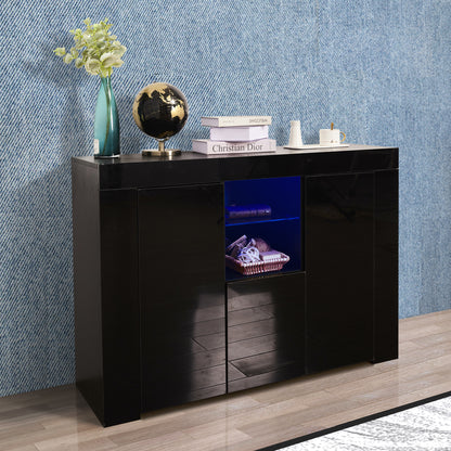 Kitchen Sideboard Cupboard with LED Light, Black High Gloss Dining Room Buffet Storage Cabinet Hallway Living Room TV Stand Unit Display Cabinet with Drawer and 2 Doors
