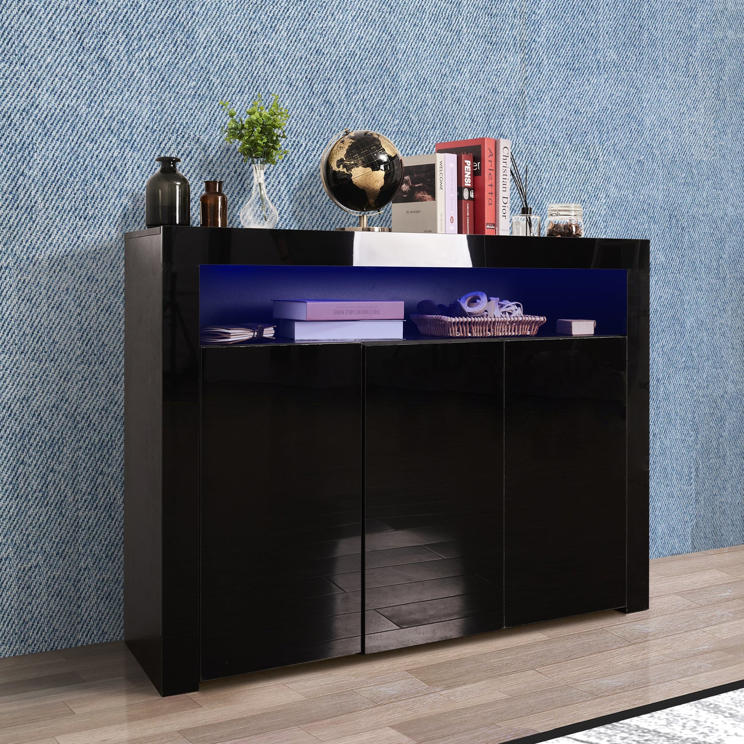 Living Room Sideboard Storage Cabinet Black High Gloss with LED Light, Modern Kitchen Unit Cupboard Buffet Wooden Storage Display Cabinet TV Stand with 3 Doors for Hallway Dining Room