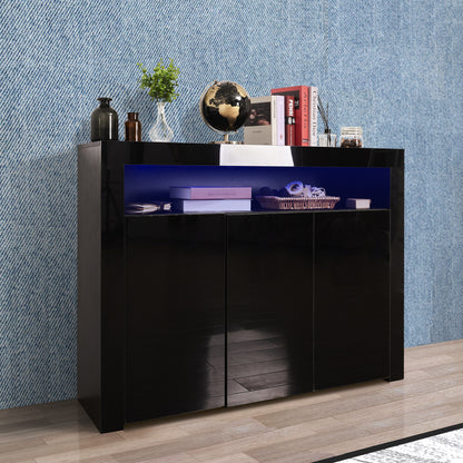 Living Room Sideboard Storage Cabinet Black High Gloss with LED Light, Modern Kitchen Unit Cupboard Buffet Wooden Storage Display Cabinet TV Stand with 3 Doors for Hallway Dining Room