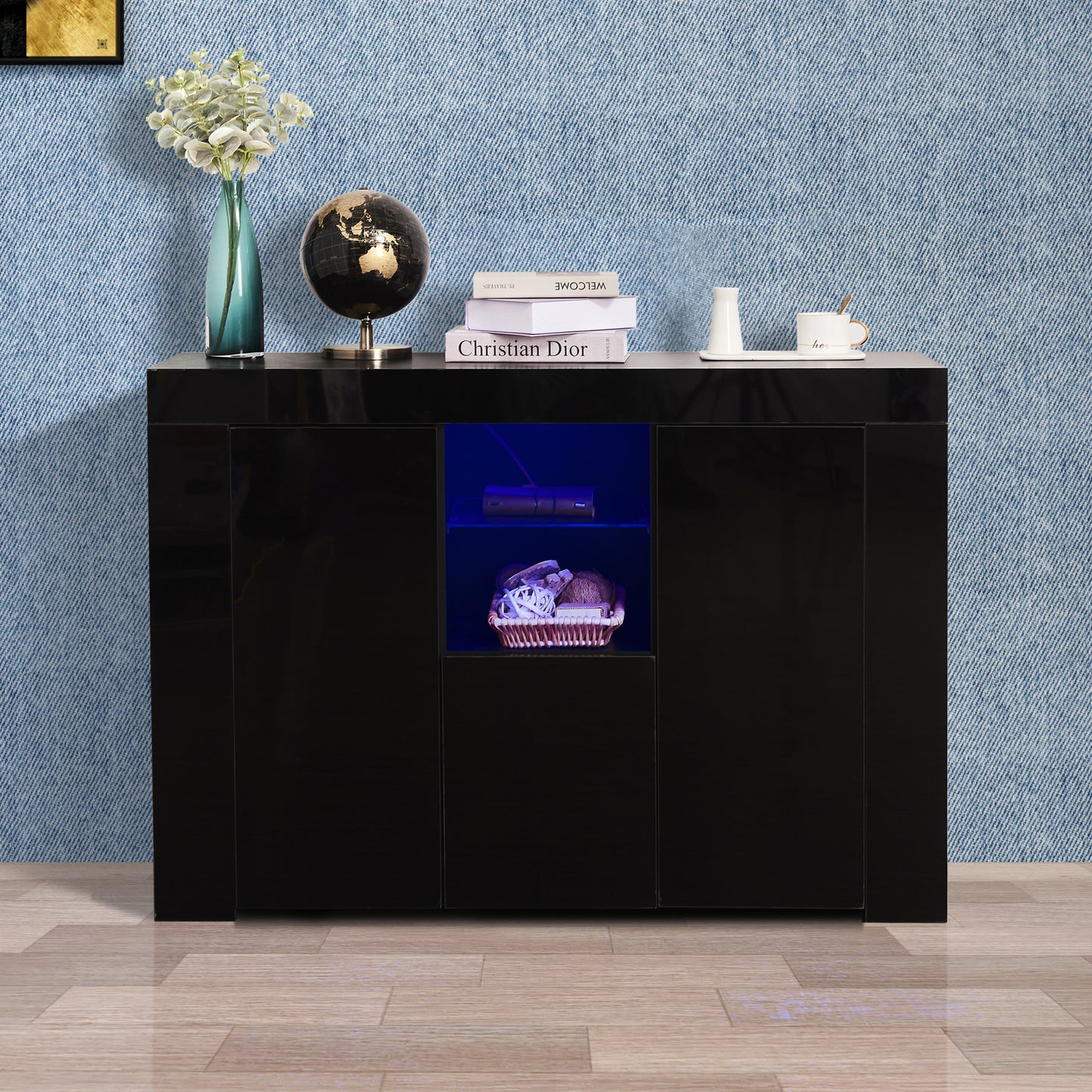 Kitchen Sideboard Cupboard with LED Light, Black High Gloss Dining Room Buffet Storage Cabinet Hallway Living Room TV Stand Unit Display Cabinet with Drawer and 2 Doors
