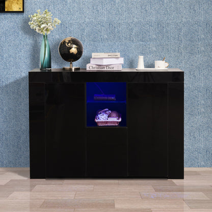 Kitchen Sideboard Cupboard with LED Light, Black High Gloss Dining Room Buffet Storage Cabinet Hallway Living Room TV Stand Unit Display Cabinet with Drawer and 2 Doors