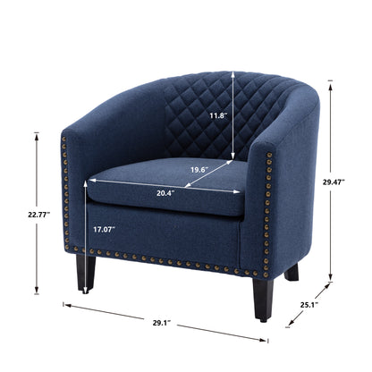 accent Barrel chair living room chair with nailheads and solid wood legs Black Navy  Linen