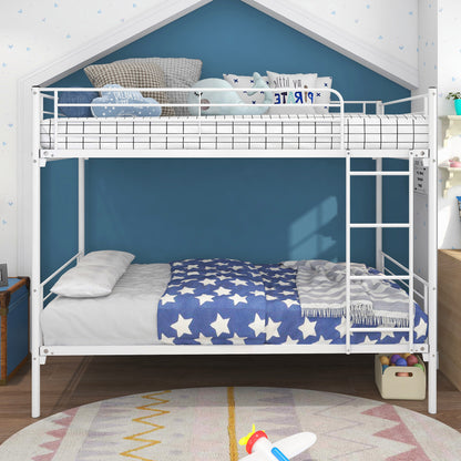 Twin-Over-Twin Bunk Bed with Metal Frame and Ladder, Space-Saving Design White