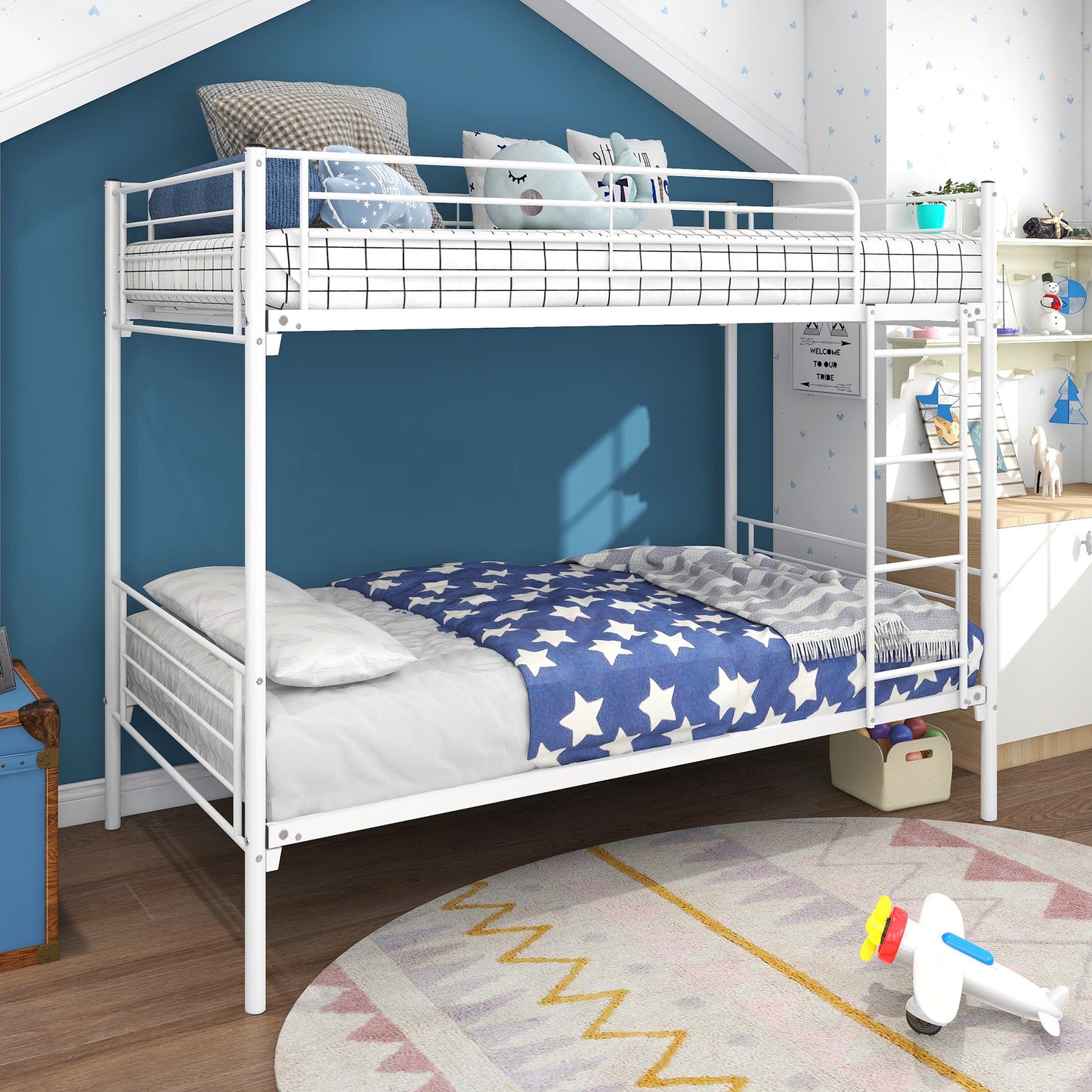 Twin-Over-Twin Bunk Bed with Metal Frame and Ladder, Space-Saving Design White