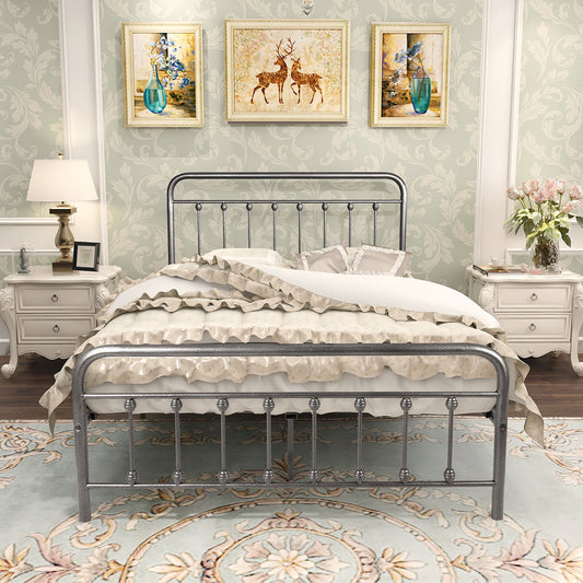 Victorian Vintage Style Platform Metal Bed Frame Foundation Headboard Footboard Heavy Duty Steel Slabs Full BlackSilver