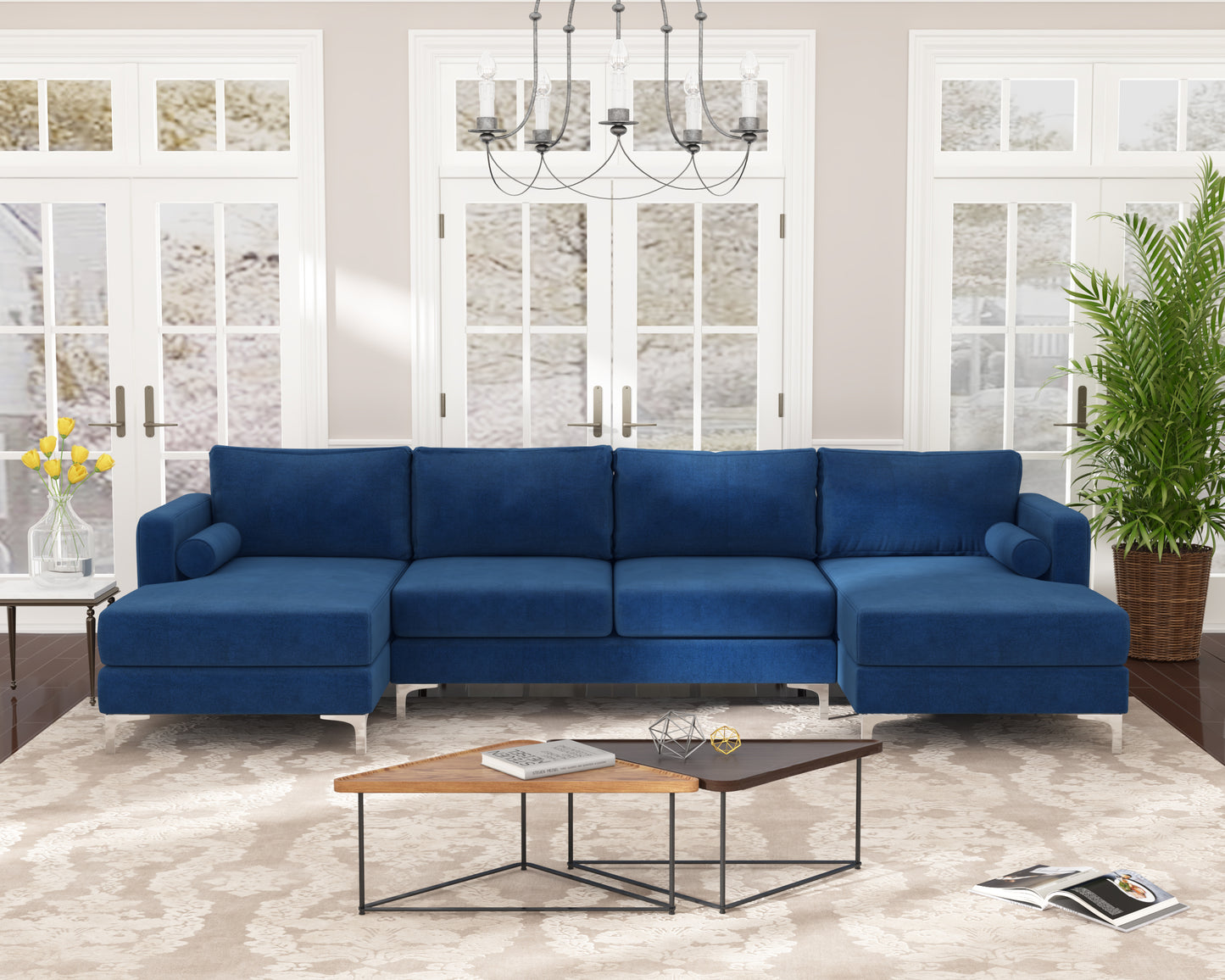 Sectional Sofa with Two Pillows, U-Shape Upholstered Couch with Modern Elegant Velvet for Living Room Apartment