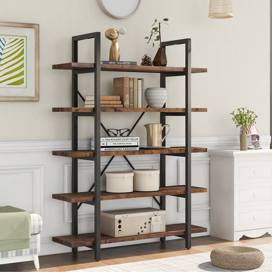 ON-TREND  5-tier Industrial Bookcase with Rustic Wood and Metal Frame, Large Open Bookshelf for Living Room（Distressed Brown）