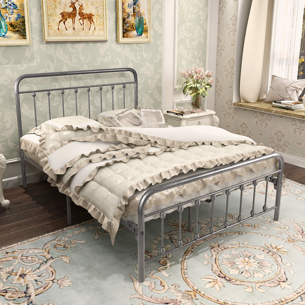 Victorian Vintage Style Platform Metal Bed Frame Foundation Headboard Footboard Heavy Duty Steel Slabs Full BlackSilver
