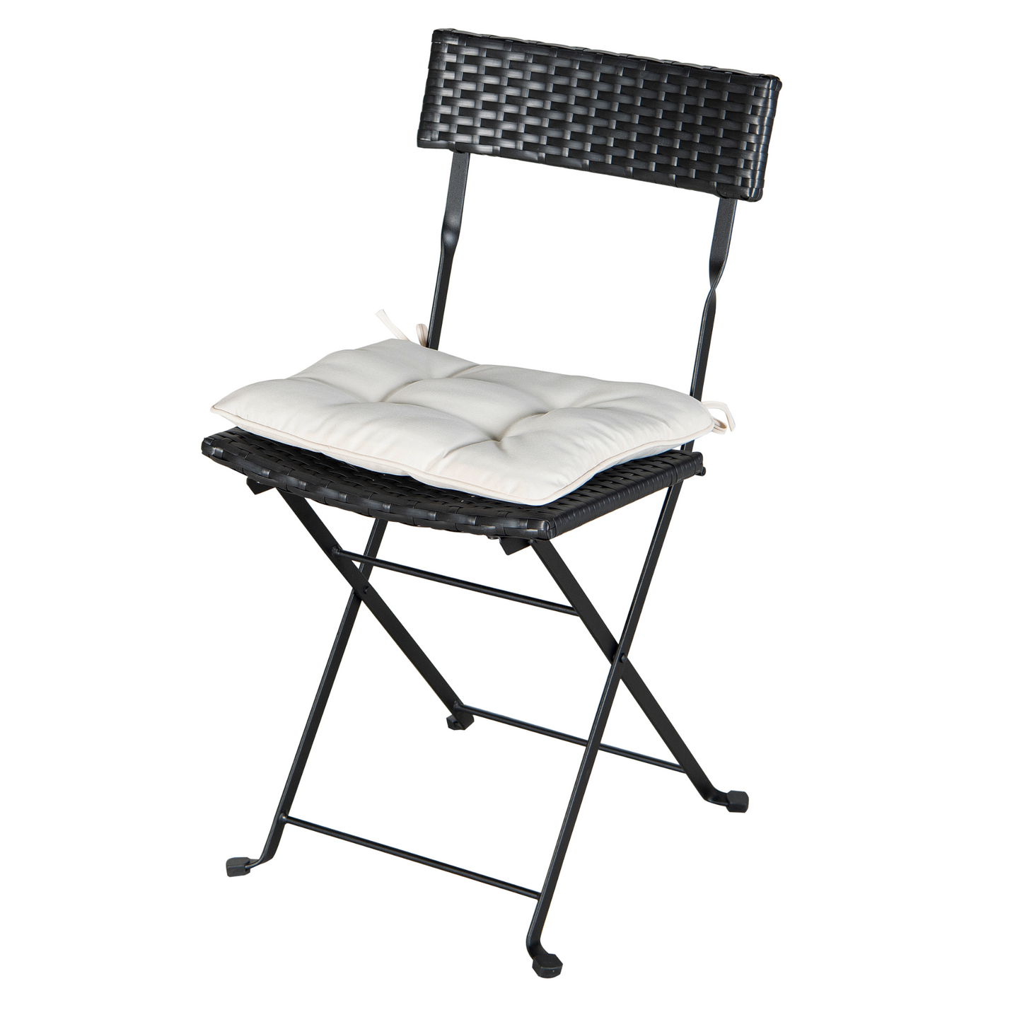 Patio Black PE Wicker Folding Bistro Set One Table With Two Chairs And Two Beige Cushion