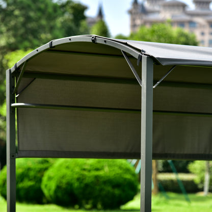 Outdoor 7Ft.Wx6.8Ft.H Steel Double Tiered Backyard Patio BBQ Grill Gazebo with Side Awning, Bar Counters and Hooks, Gray