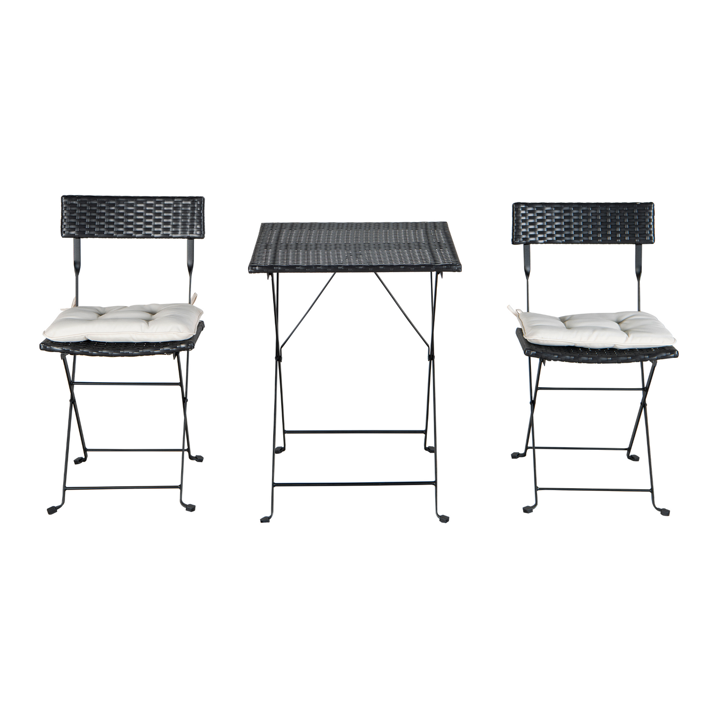 Patio Black PE Wicker Folding Bistro Set One Table With Two Chairs And Two Beige Cushion