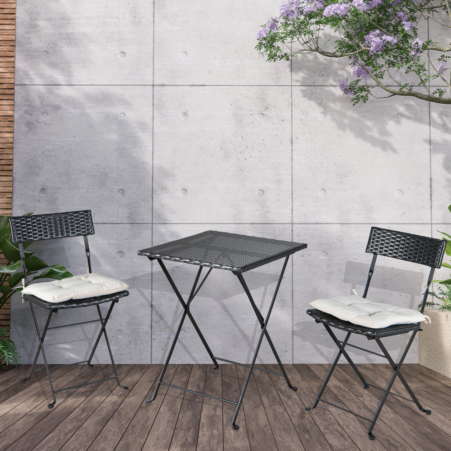 Patio Black PE Wicker Folding Bistro Set One Table With Two Chairs And Two Beige Cushion