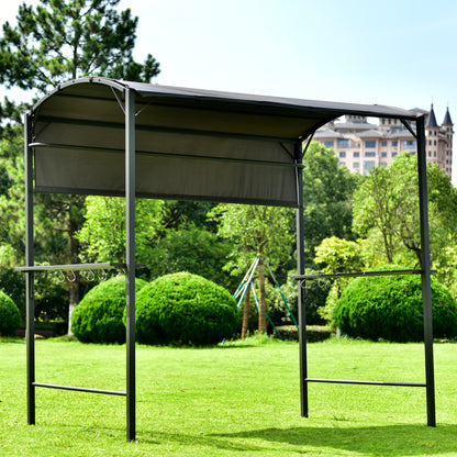 Outdoor 7Ft.Wx6.8Ft.H Steel Double Tiered Backyard Patio BBQ Grill Gazebo with Side Awning, Bar Counters and Hooks, Gray
