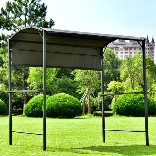 Outdoor 7Ft.Wx6.8Ft.H Steel Double Tiered Backyard Patio BBQ Grill Gazebo with Side Awning, Bar Counters and Hooks, Gray