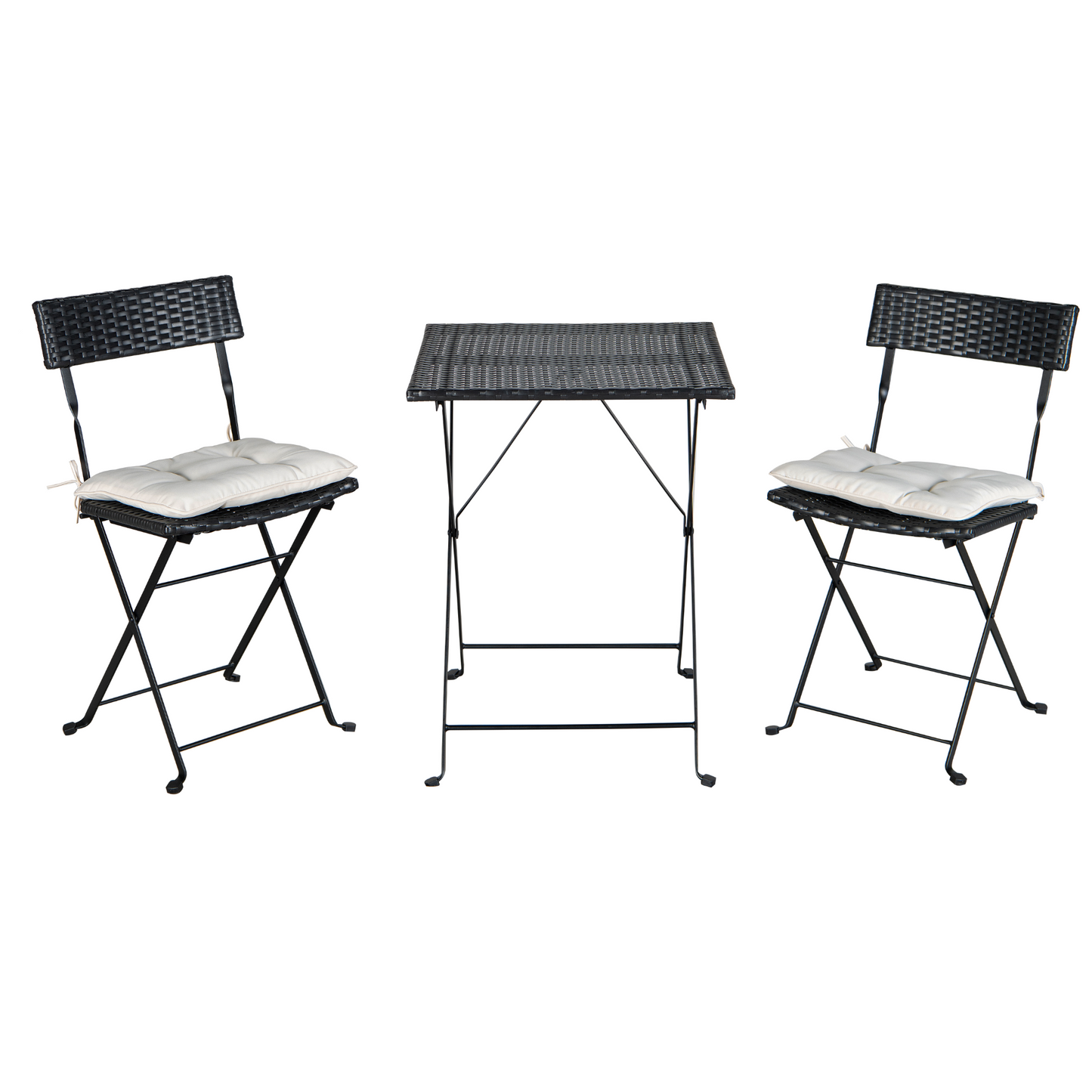 Patio Black PE Wicker Folding Bistro Set One Table With Two Chairs And Two Beige Cushion