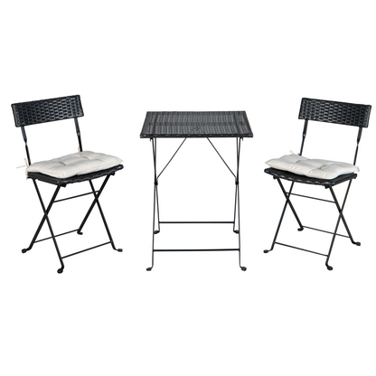 Patio Black PE Wicker Folding Bistro Set One Table With Two Chairs And Two Beige Cushion