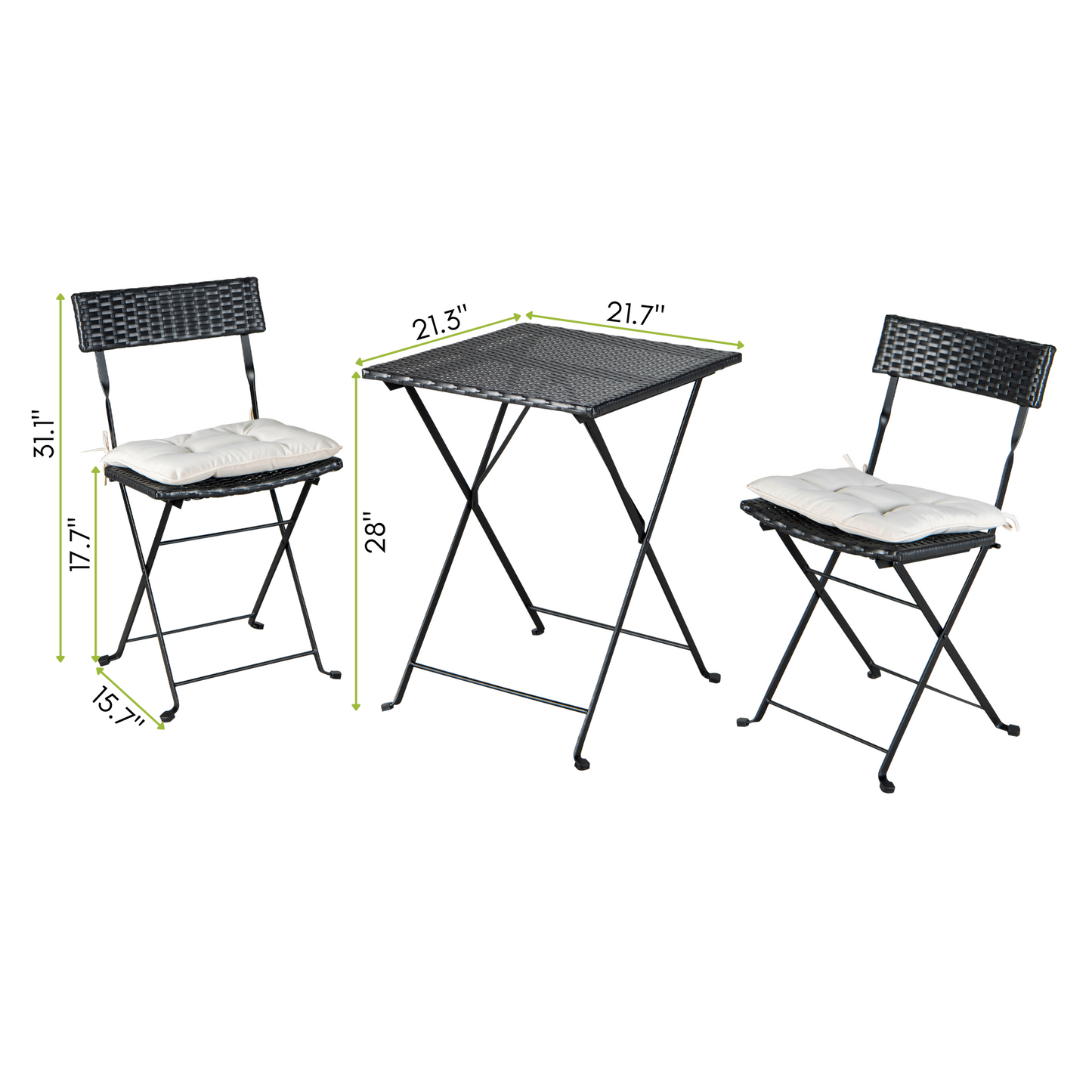 Patio Black PE Wicker Folding Bistro Set One Table With Two Chairs And Two Beige Cushion