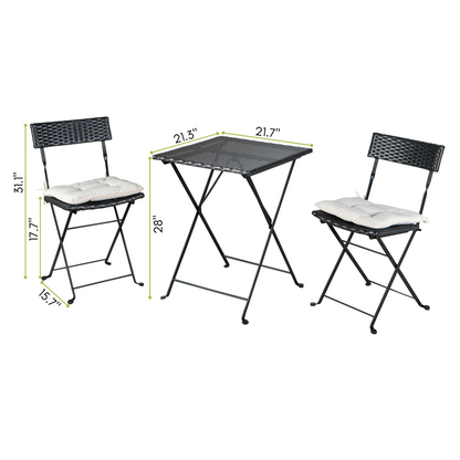 Patio Black PE Wicker Folding Bistro Set One Table With Two Chairs And Two Beige Cushion