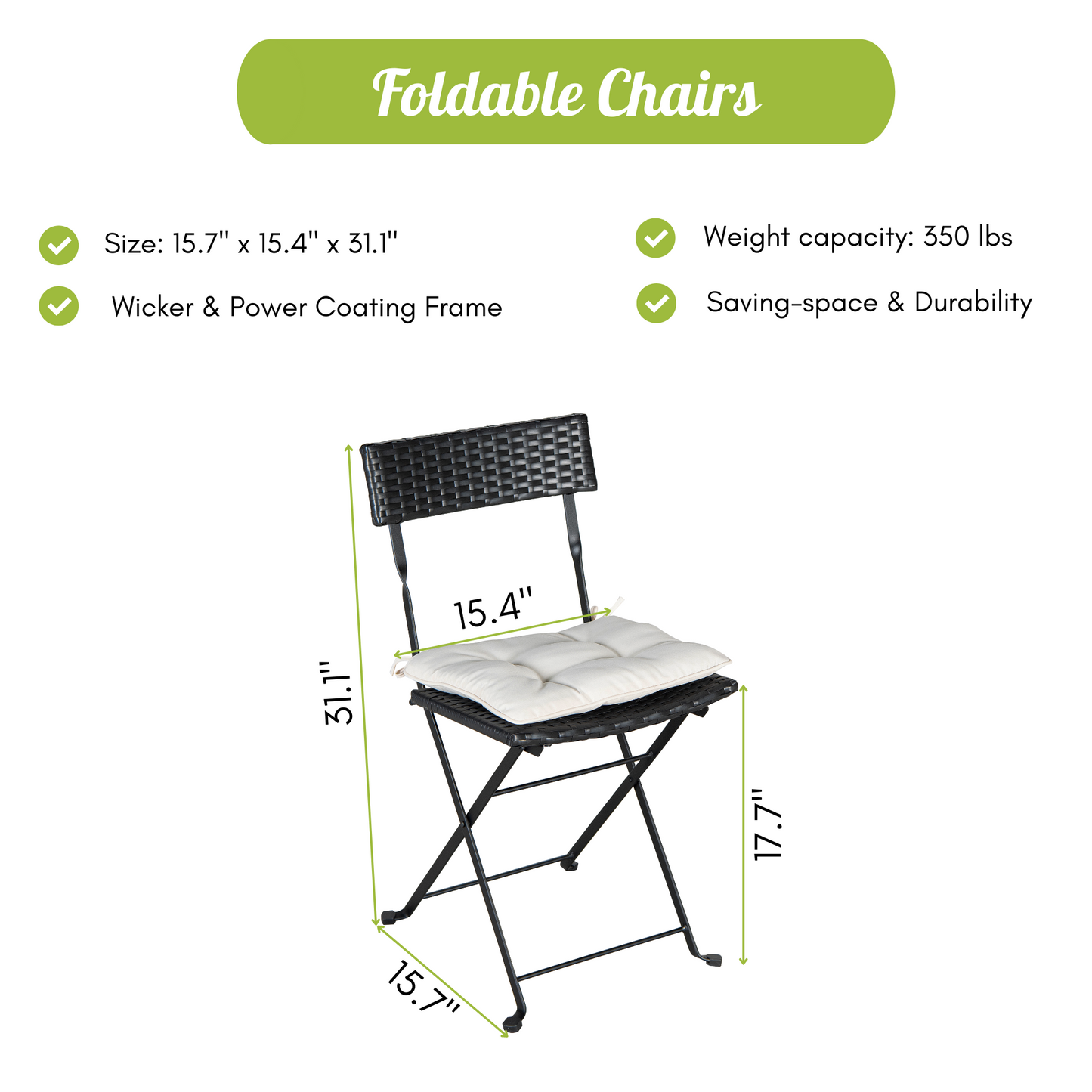 Patio Black PE Wicker Folding Bistro Set One Table With Two Chairs And Two Beige Cushion