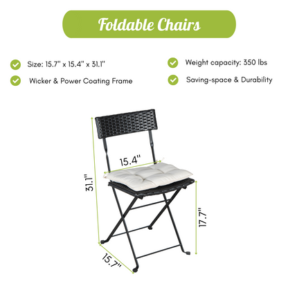 Patio Black PE Wicker Folding Bistro Set One Table With Two Chairs And Two Beige Cushion