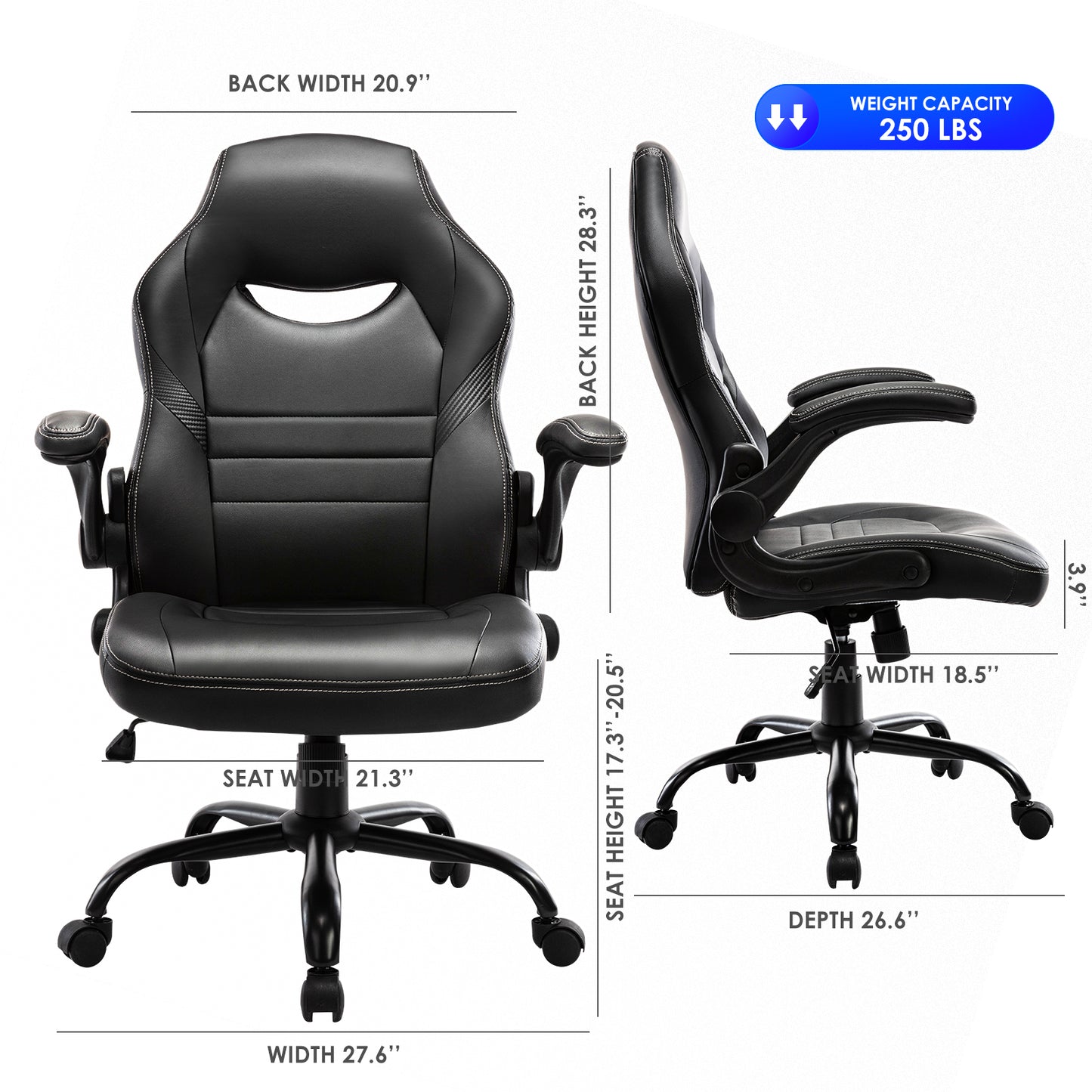Flip-Up Arms Office Gaming Chair, Ergonomic Swivel Computer Racing Game Chair Adjustable Desk Task Chair (Black)